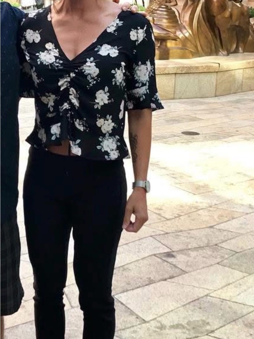 Express Black Floral Cinched V-Neck Blouse